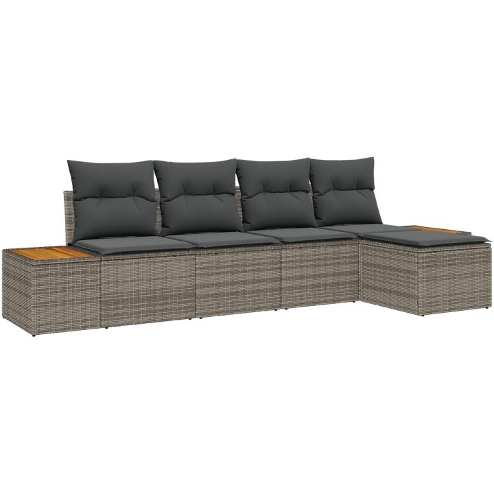 5-delat trädgårdsoff-set med kuddar grå poly rattan akacia vidaXL 294 x 117 x 69 cm – bild 2