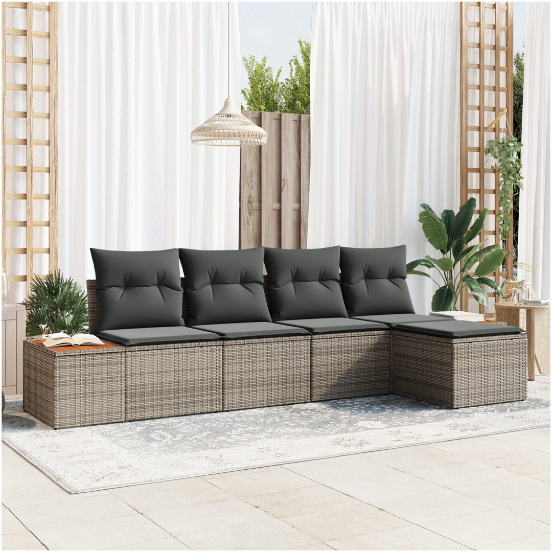 5-delat trädgårdsoff-set med kuddar grå poly rattan akacia vidaXL 294 x 117 x 69 cm