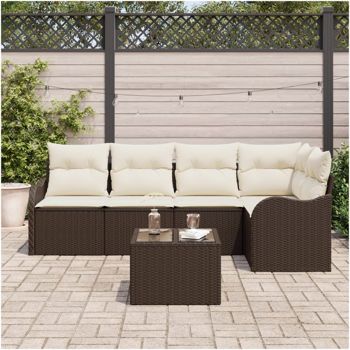 5-delat trädgårdsoff set med kuddar grå poly rattan vidaXL Stor – bild 3