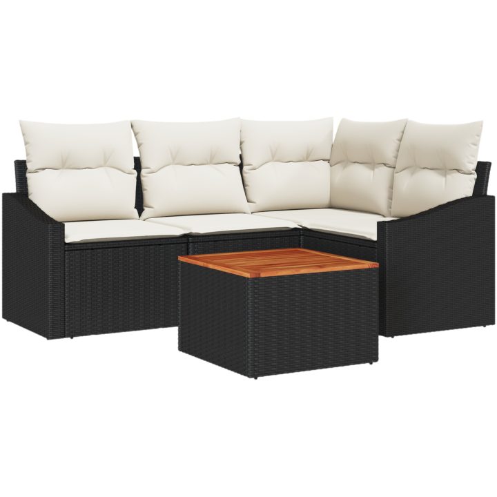 5-delat trädgårdsoff-set med kuddar i svart poly-rattan och akacia. vidaXL 55 x 55 x 37 cm – bild 2
