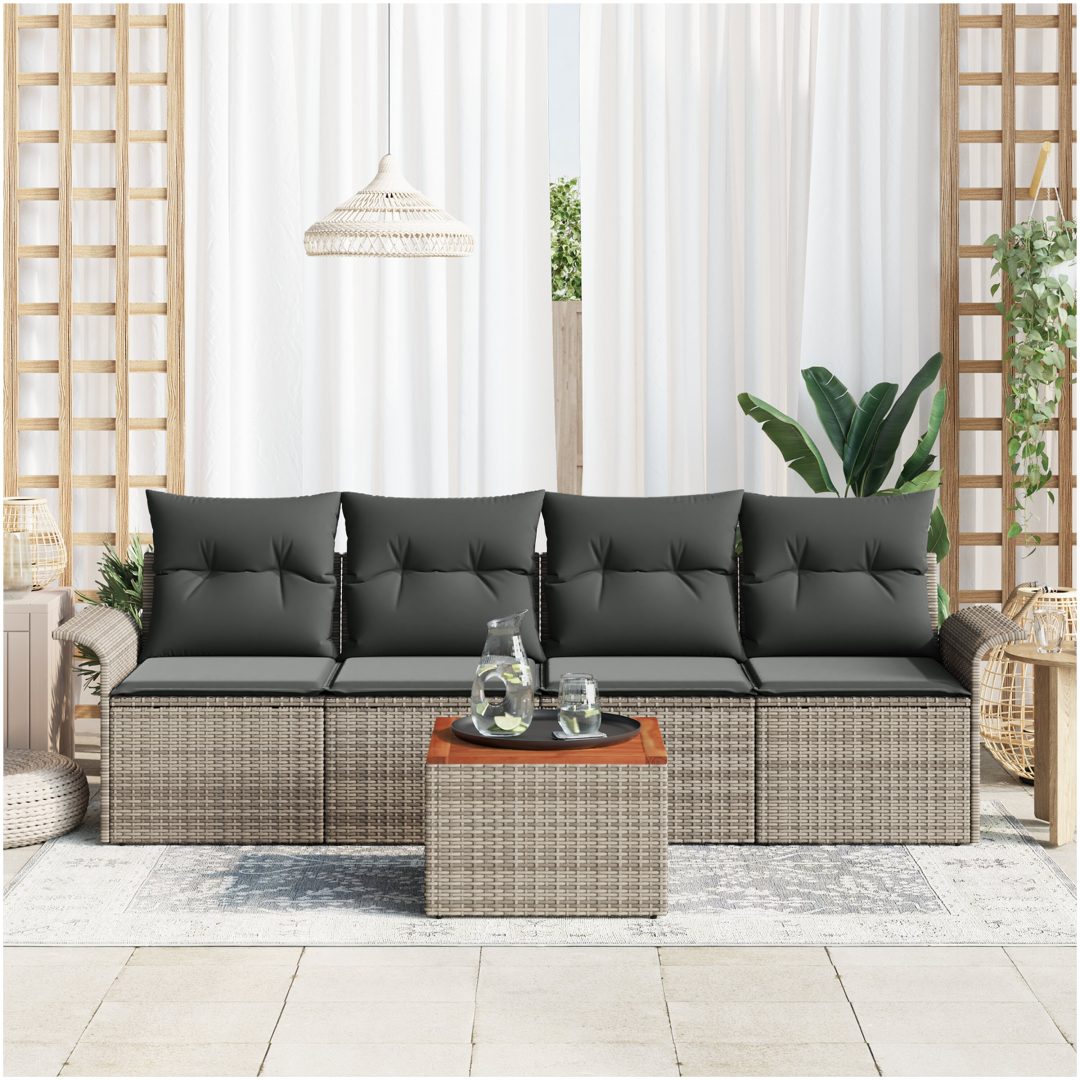 5-delat Trädgårdsoffa Set med Kuddar Grå Poly Rattan Acacia vidaXL 55 x 55 x 37 cm – bild 3