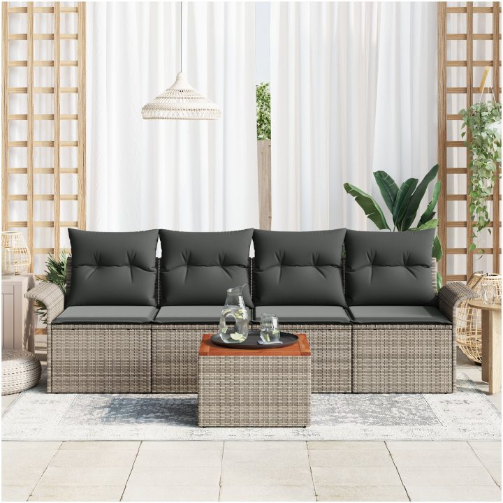 5-delat Trädgårdsoffa Set med Kuddar Grå Poly Rattan Acacia vidaXL 55 x 55 x 37 cm – bild 3