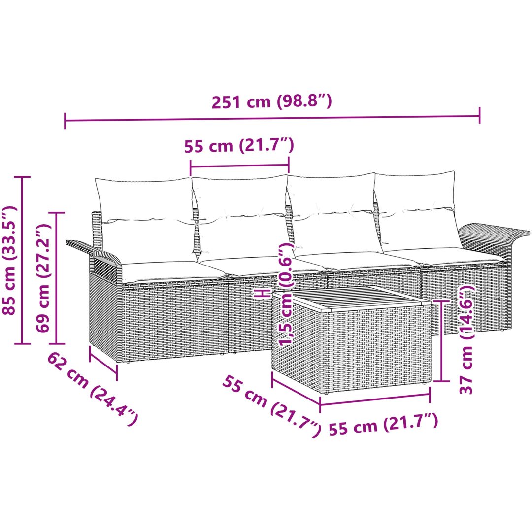 5-delat Trädgårdsoffa Set med Kuddar Grå Poly Rattan Acacia vidaXL 55 x 55 x 37 cm – bild 8