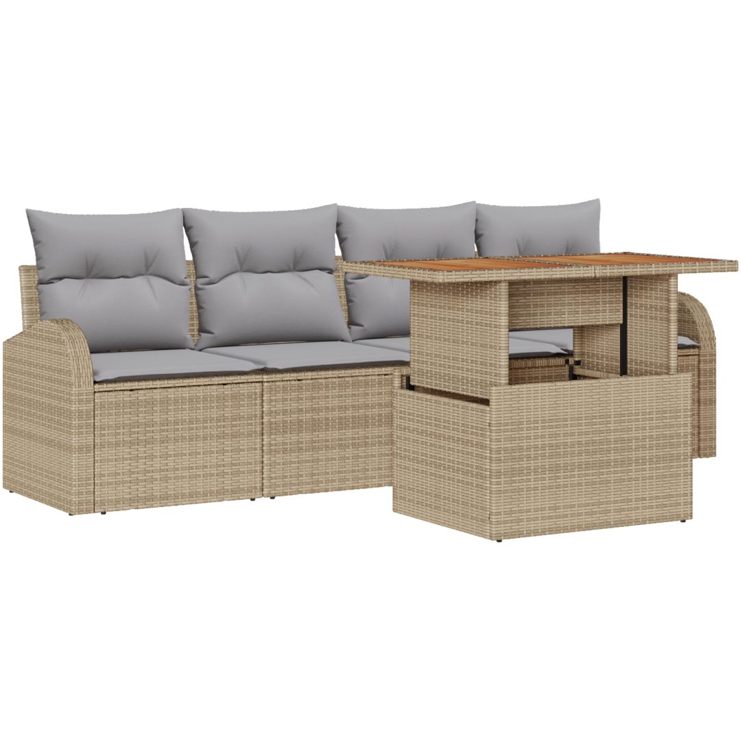 5-delat trädgårdsoffaset med kuddar beige poly rattan vidaXL Stor – bild 2