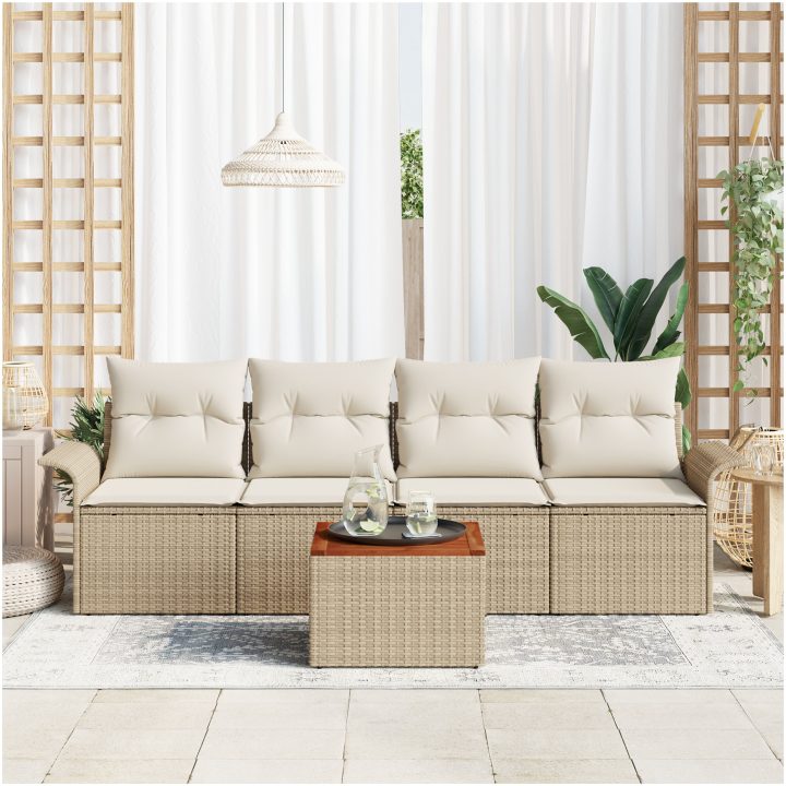 5-delat trädgårdsoffaset med kuddar beige poly rotting akacia vidaXL 55 x 55 x 37 cm – bild 3