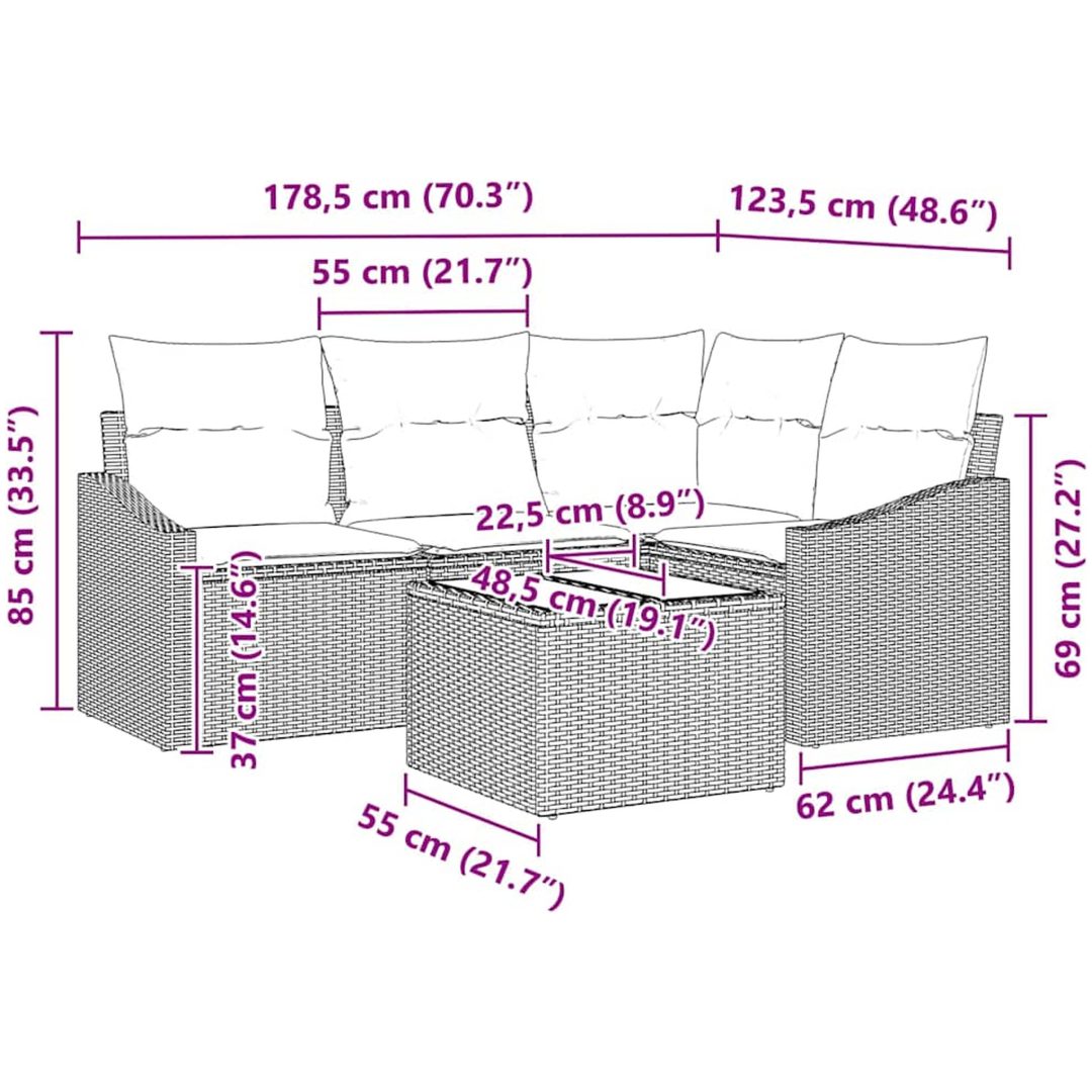 5-delat trädgårdsoffaset med kuddar brun polyrotning vidaXL 178.5 x 123.5 x 85 cm – bild 9