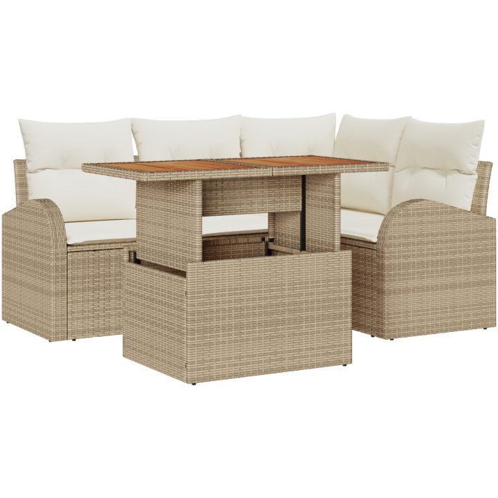 5-delat trädgårdsoffasett med kuddar Beige Poly Rattan vidaXL Standard – bild 2