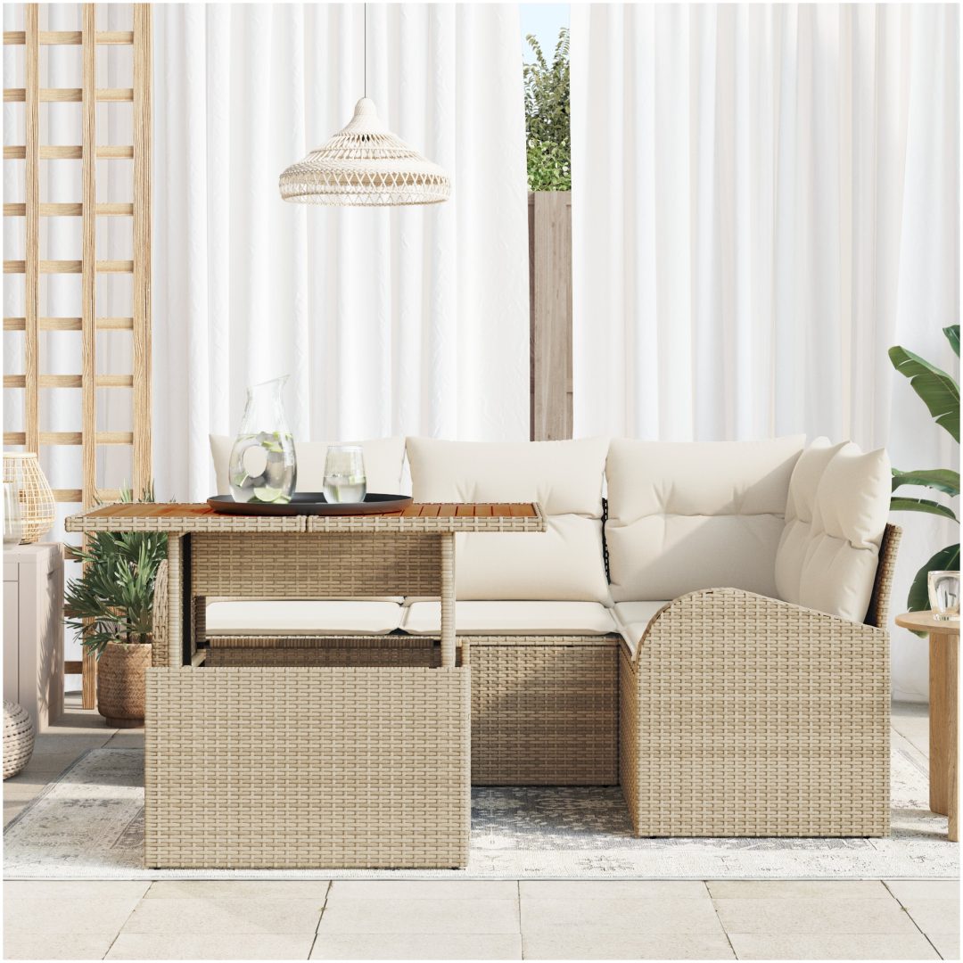 5-delat trädgårdsoffasett med kuddar Beige Poly Rattan vidaXL Standard – bild 3