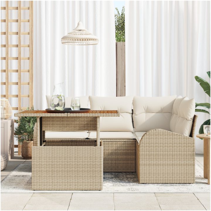 5-delat trädgårdsoffasett med kuddar Beige Poly Rattan vidaXL Standard – bild 3
