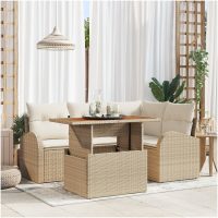 5-delat trädgårdsoffasett med kuddar Beige Poly Rattan vidaXL