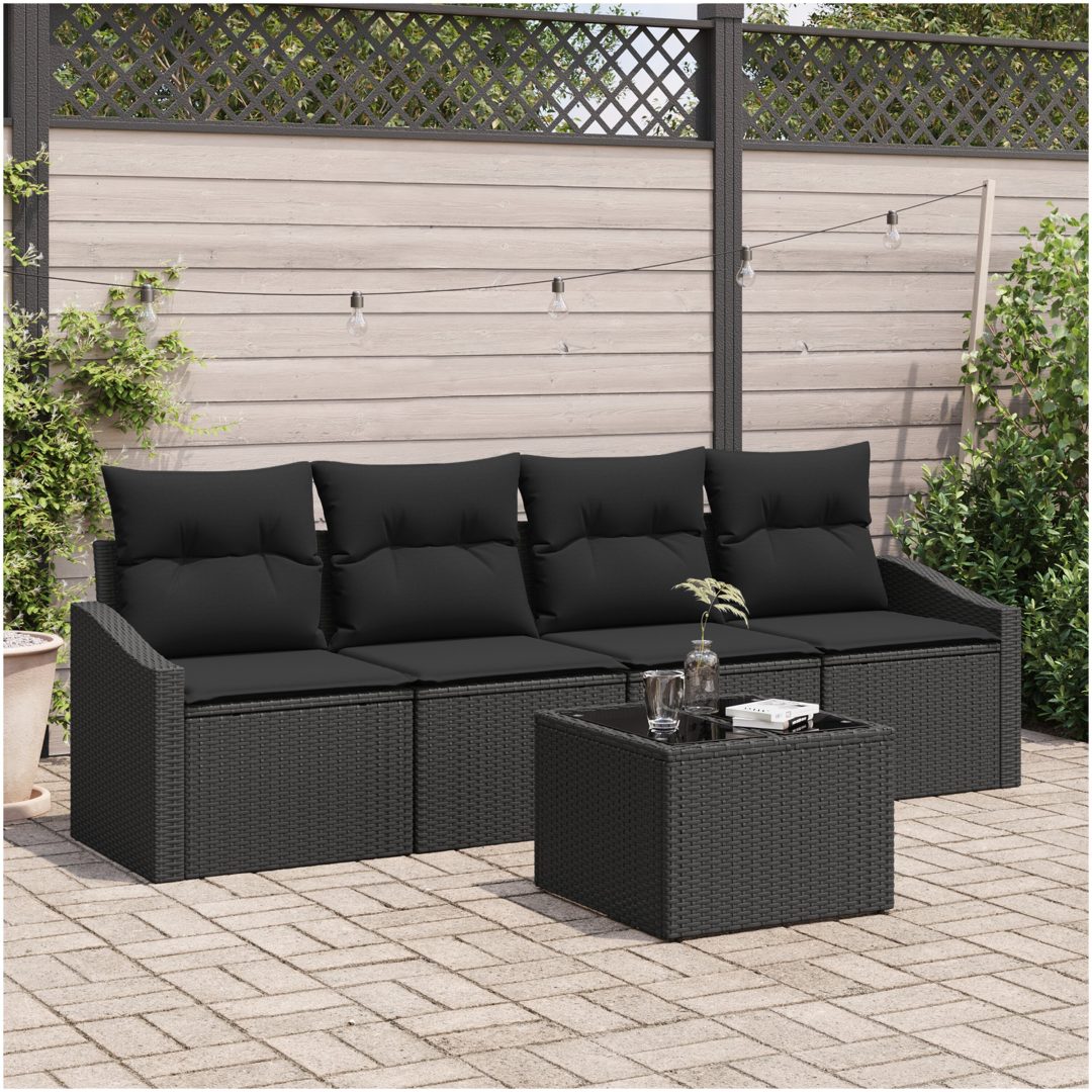5-delat trädgårdsoffor set med kuddar svart poly rattan vidaXL 55 x 55 x 37 cm