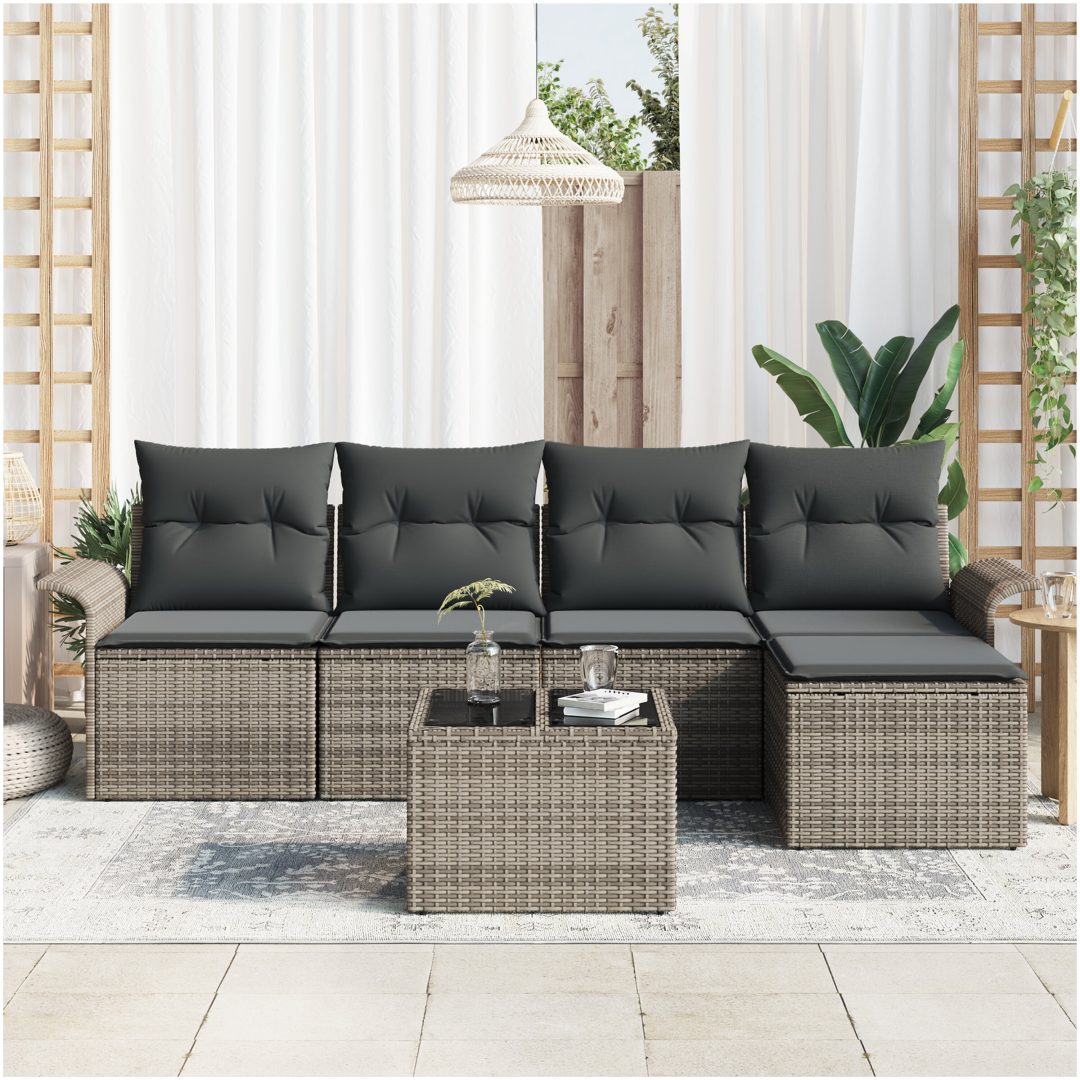 5-delat trädgårdsoffs-set med kuddar svart poly rattan vidaXL 55 x 55 x 37 cm – bild 3