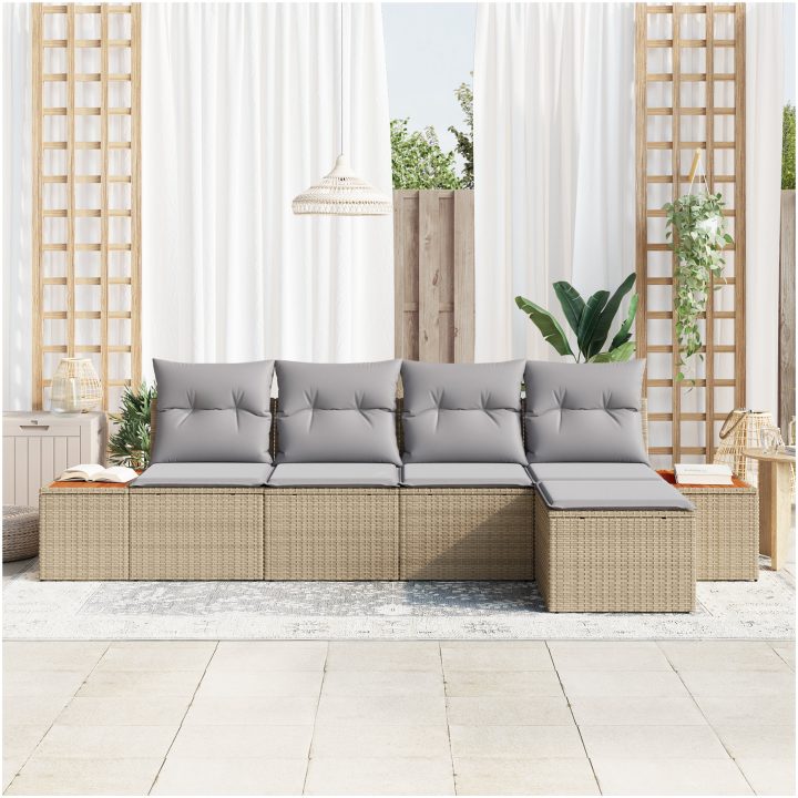 5-delat trädgårdsoffset med dynor Beige Poly Rattan Akacia vidaXL 294 x 117 x 69 cm – bild 3