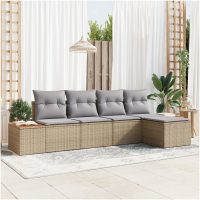 5-delat trädgårdsoffset med dynor Beige Poly Rattan Akacia vidaXL