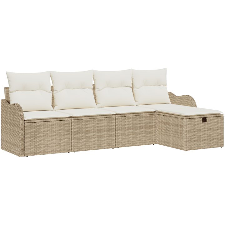 5-delat trädgårdsoffset med dynor beige poly Rattan vidaXL Stor – bild 2