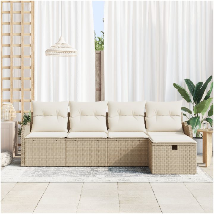 5-delat trädgårdsoffset med dynor beige poly Rattan vidaXL Stor – bild 3