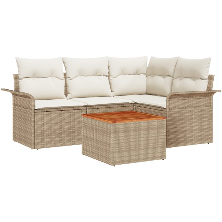 5-delat trädgårdsoffset med kuddar beige poly rattan akacia vidaXL 55 x 55 x 37 cm – bild 2