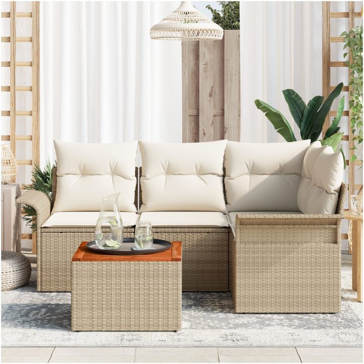 5-delat trädgårdsoffset med kuddar beige poly rattan akacia vidaXL 55 x 55 x 37 cm – bild 3
