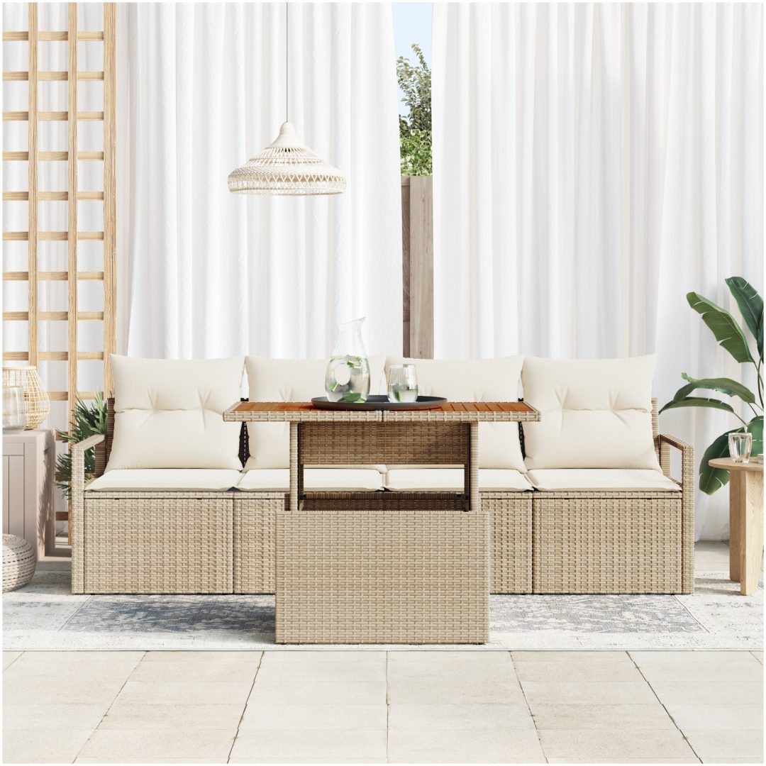 5-delat trädgårdsoffset med kuddar i beige poly rotting vidaXL Standard – bild 3