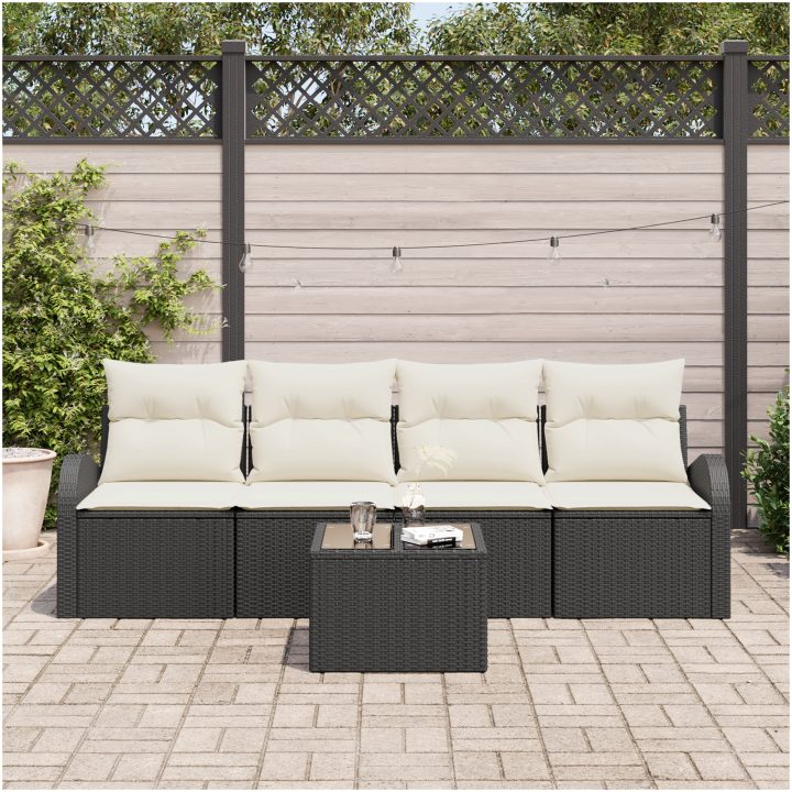 5-delat trädgårdssofaset med kuddar svart poly rattan vidaXL 55 x 55 x 37 cm – bild 3