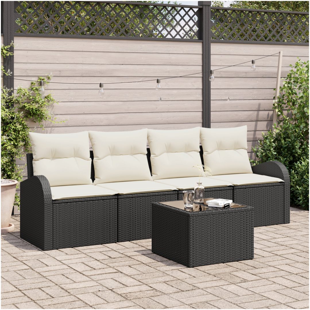 5-delat trädgårdssofaset med kuddar svart poly rattan vidaXL 55 x 55 x 37 cm