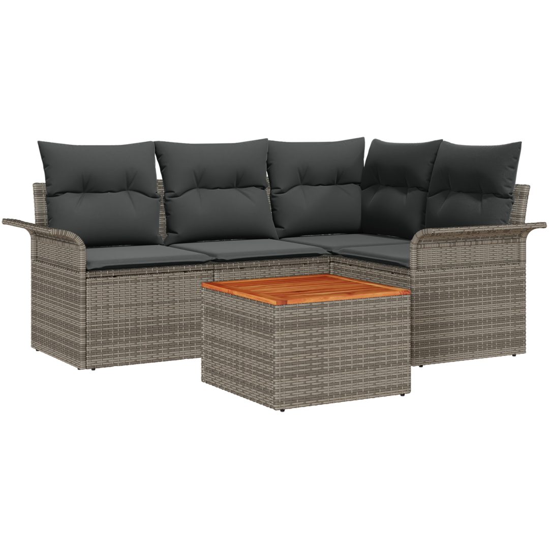 5-delat trädgårdssoff set med kuddar Grå Poly Rattan Akacia vidaXL Standard – bild 2