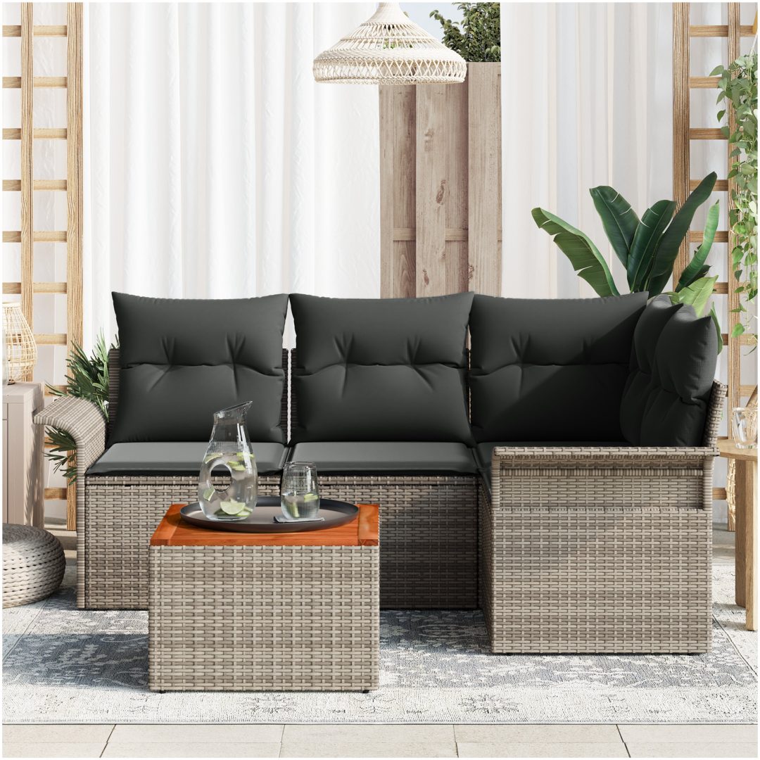5-delat trädgårdssoff set med kuddar Grå Poly Rattan Akacia vidaXL Standard – bild 3