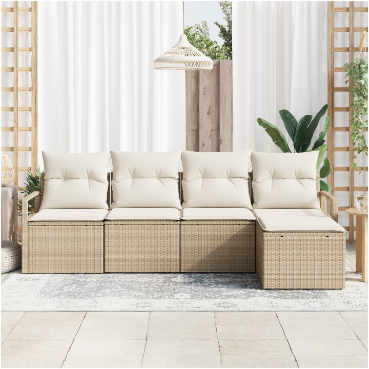 5-delat trädgårdssoffa set med kuddar beige poly rotting vidaXL Stor – bild 3