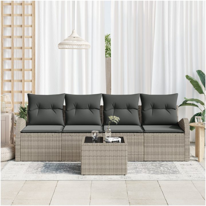 5-delat trädgårdssoffa-set med kuddar ljusgrå polyrotting vidaXL 55 x 55 x 37 cm – bild 3