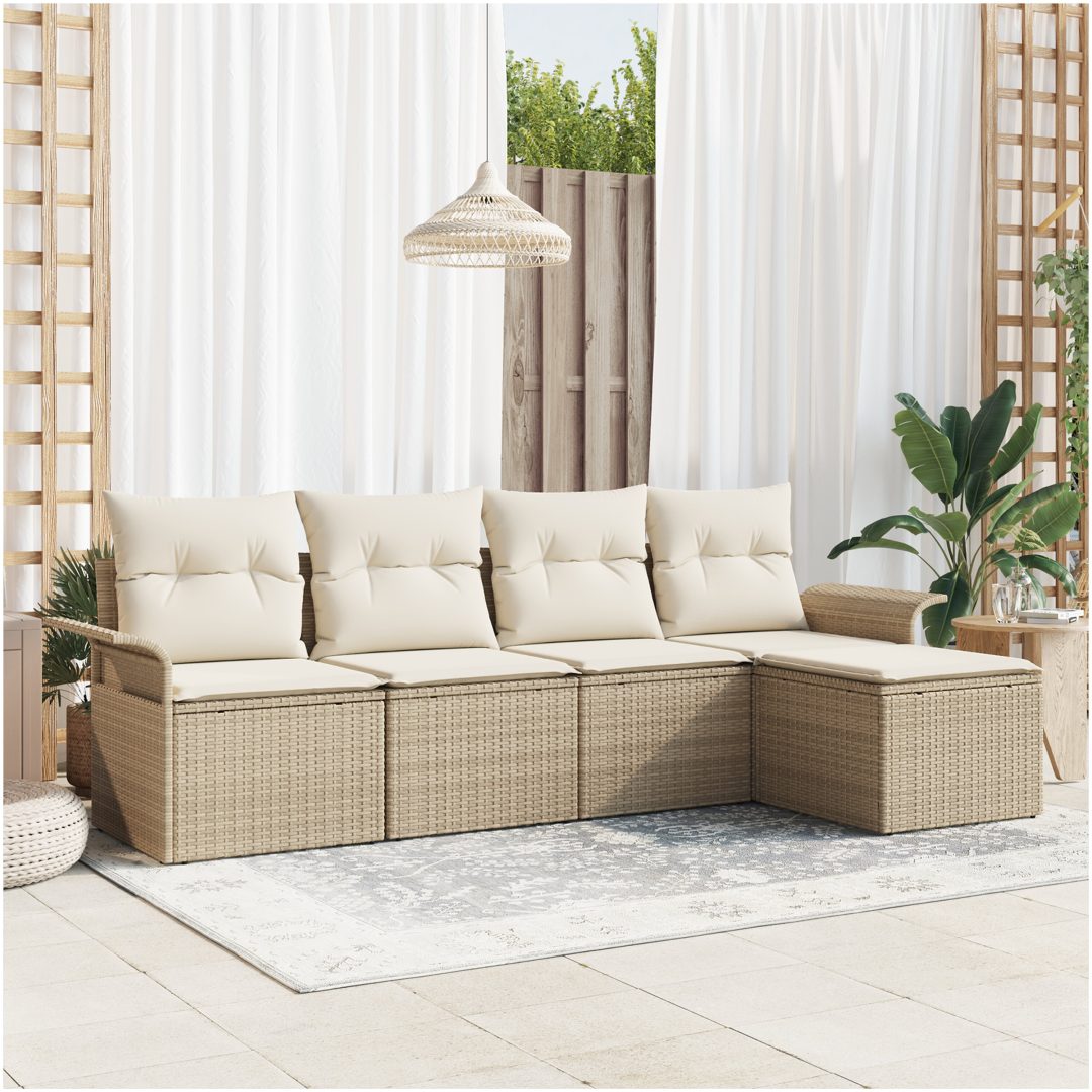 5-delat trädgårdssoffset med dynor i beige poly rattan vidaXL 251 x 117 x 85 cm