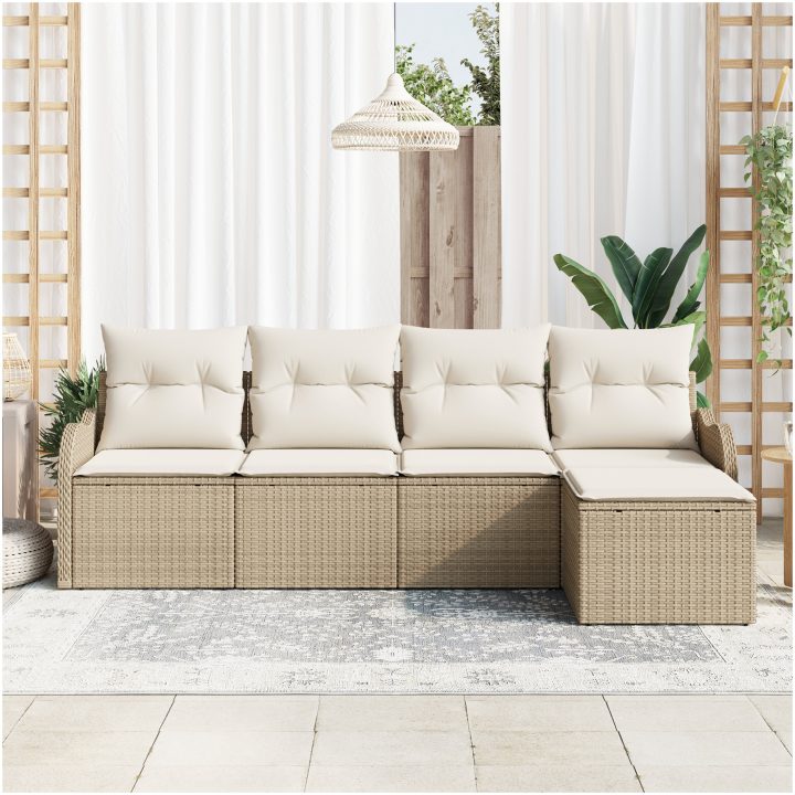 5-delat trädgårdssoffset med kuddar Beige Poly Rattan vidaXL Stor – bild 3