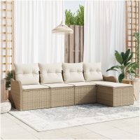 5-delat trädgårdssoffset med kuddar Beige Poly Rattan vidaXL