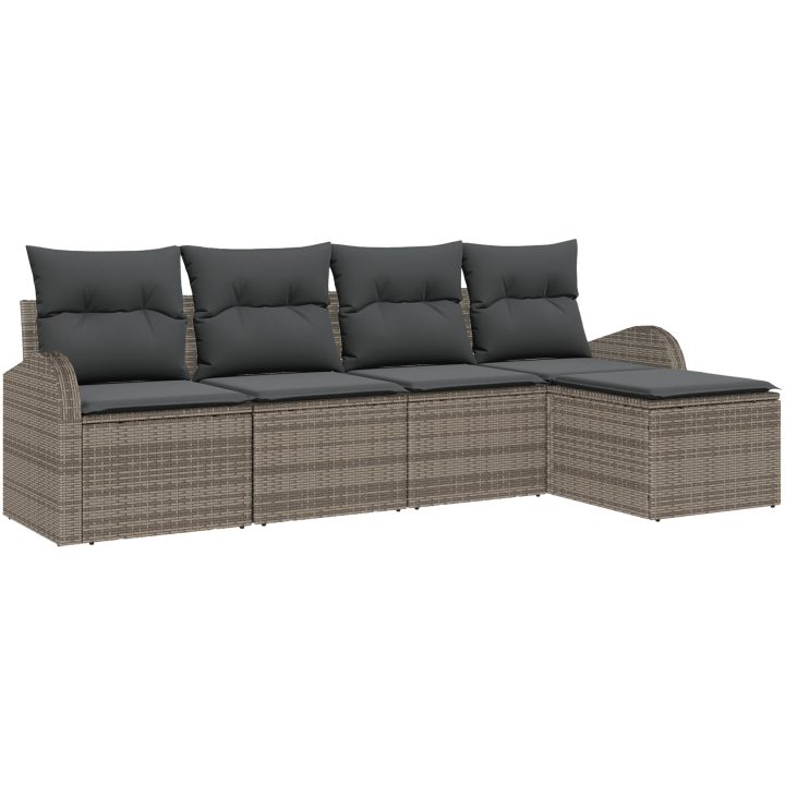 5-delat trädgårdssoffset med kuddar Grå Poly Rattan vidaXL Medium – bild 2