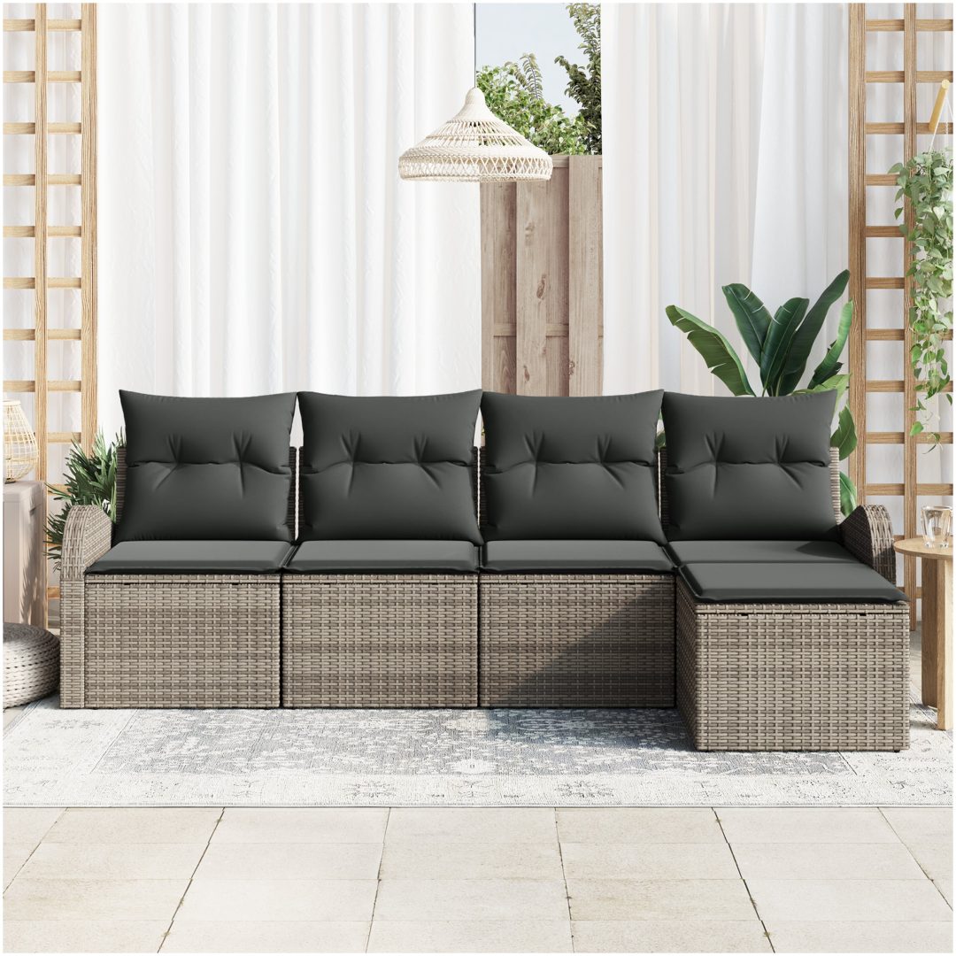 5-delat trädgårdssoffset med kuddar Grå Poly Rattan vidaXL Medium – bild 3