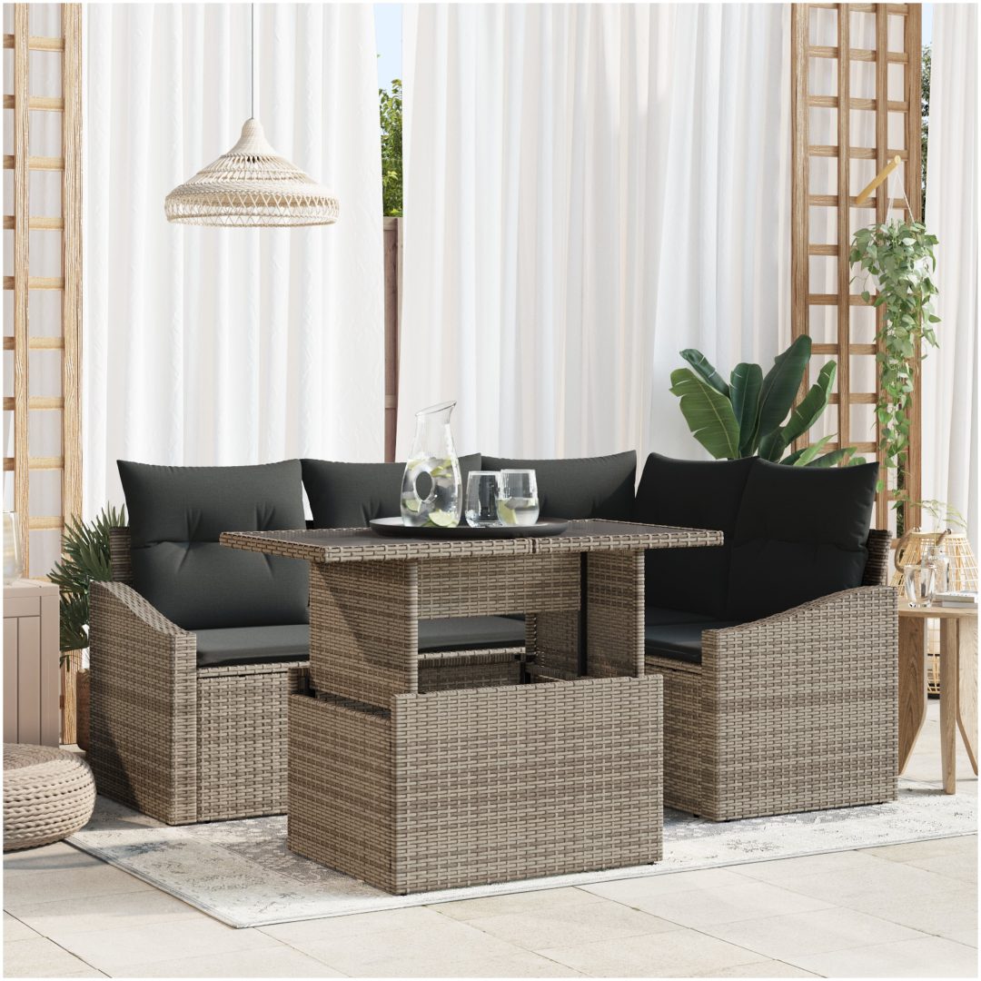 5-delat Trädgårdssoffset med Kuddar Grå Poly Rottings vidaXL 100 x 55 x 73 cm