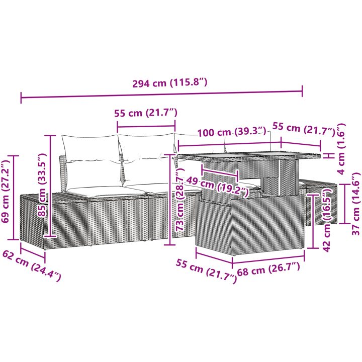 5-delat utemöbelset med dynor i grå poly rattan och akacia vidaXL 100 x 55 x 73 cm – bild 10