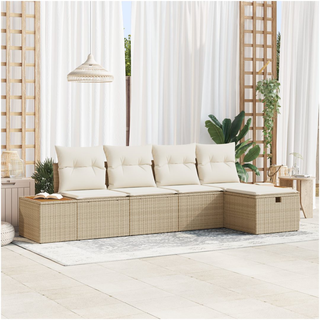 5-dels soffgrupp med beige poly-rattan kuddar vidaXL 294 x 117 x 85 cm