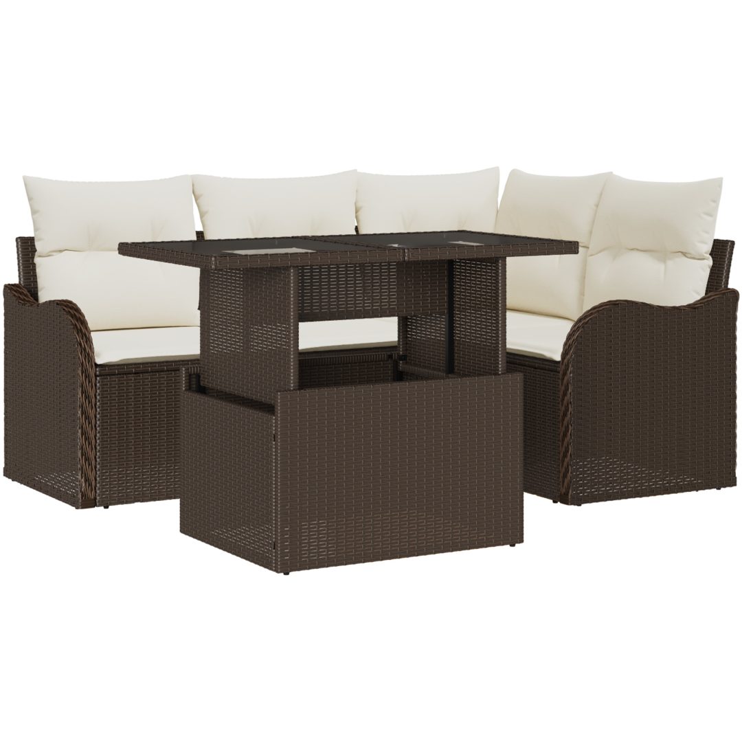 5-dels trädgårdsoff-set med kuddar brun poly rattan vidaXL Stor – bild 2