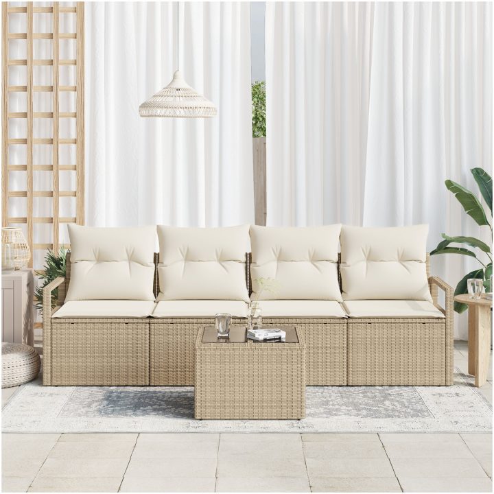 5 stycken trädgårdsoffaset med kuddar Beige Poly Rattan vidaXL 4 - Sits – bild 3