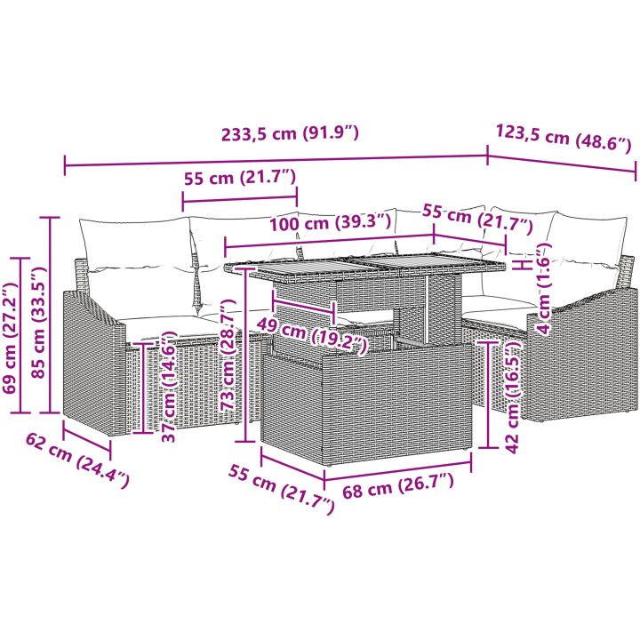 6-delad trädgårdsmöbelset med kuddar i beige polyrotting och akacia vidaXL 100 x 55 x 73 cm – bild 11