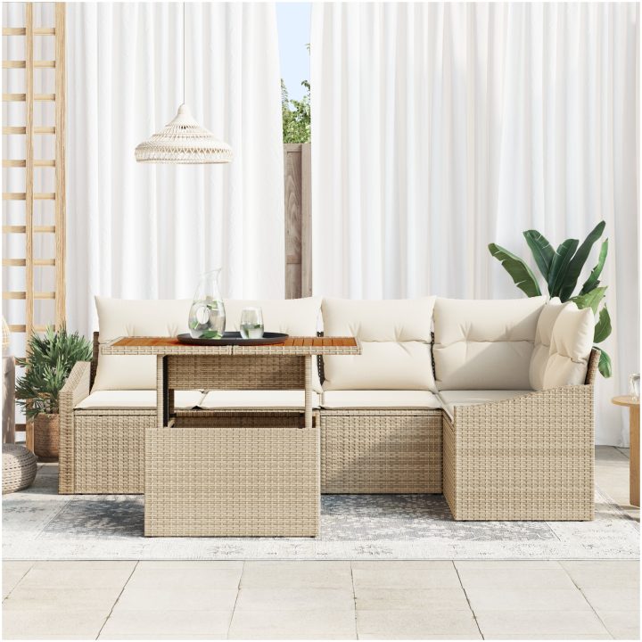 6-delad trädgårdsmöbelset med kuddar i beige polyrotting och akacia vidaXL 100 x 55 x 73 cm – bild 3