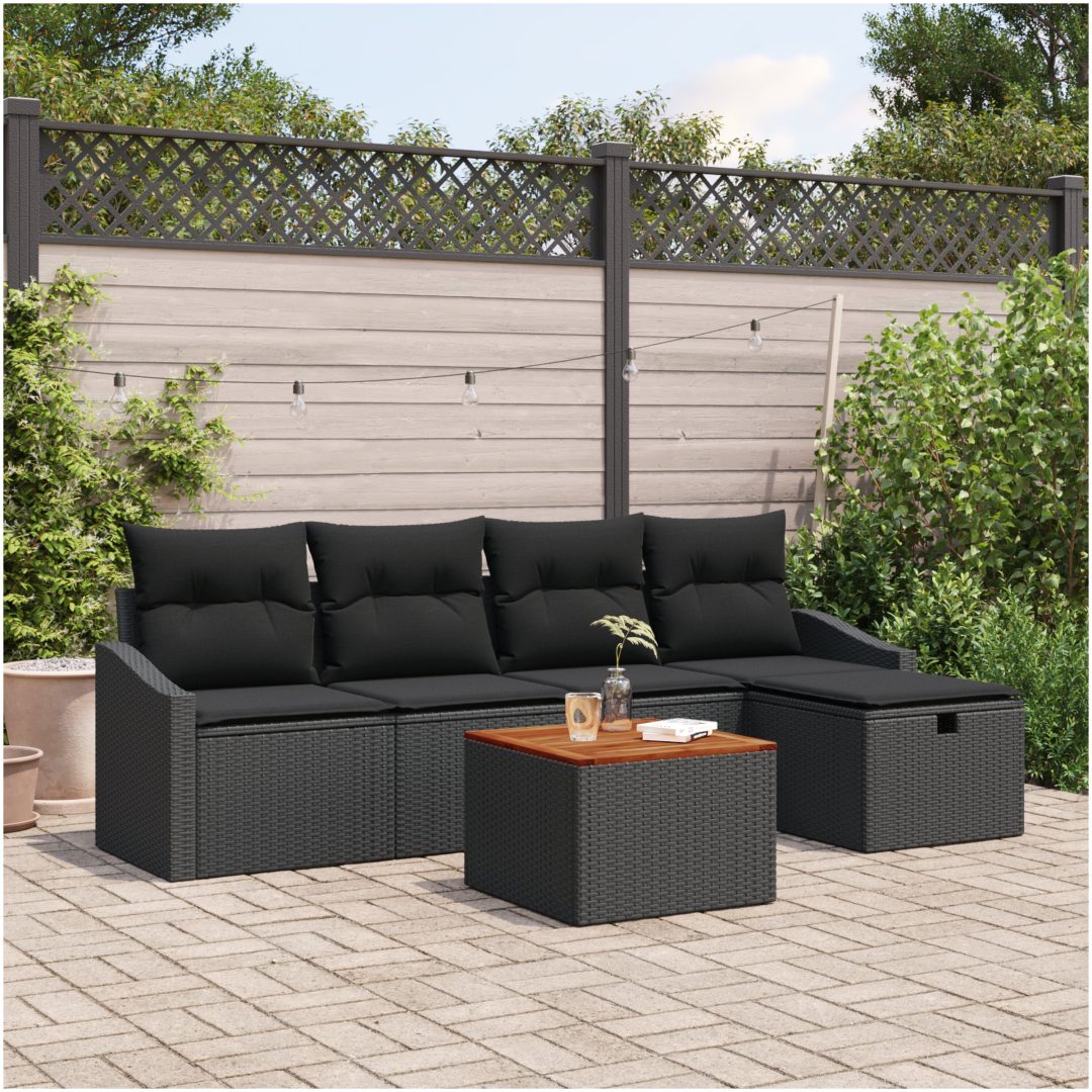 6-delad trädgårdsofa set med kuddar Svart Poly Rattan vidaXL 55 x 55 x 37 cm