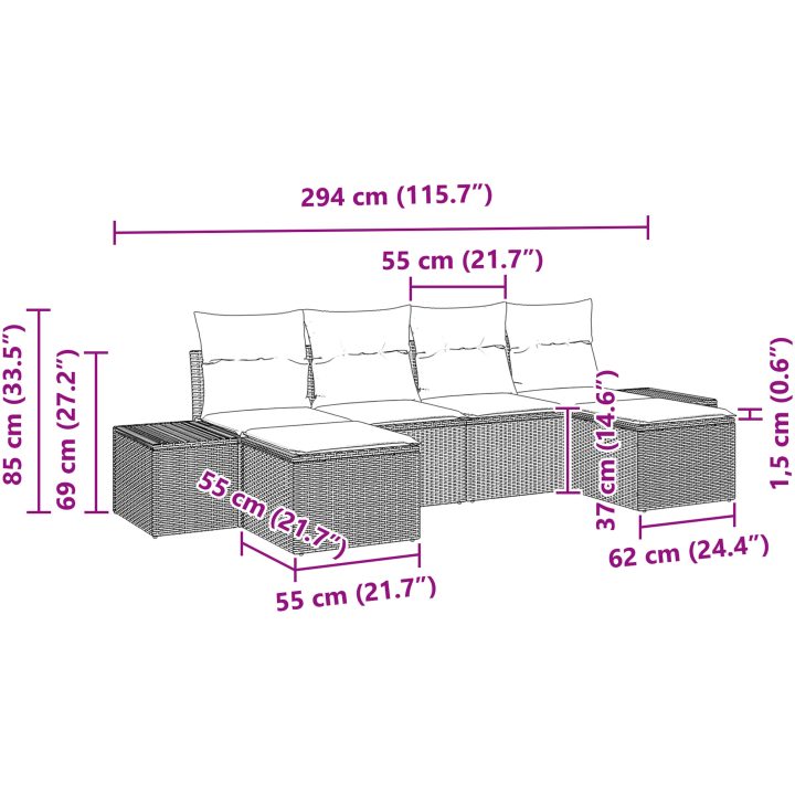 6-delad trädgårdsoff set med dynor grå polyrotting vidaXL 184 x 62 x 85 cm – bild 12