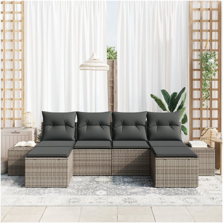 6-delad trädgårdsoff set med dynor grå polyrotting vidaXL 184 x 62 x 85 cm – bild 3