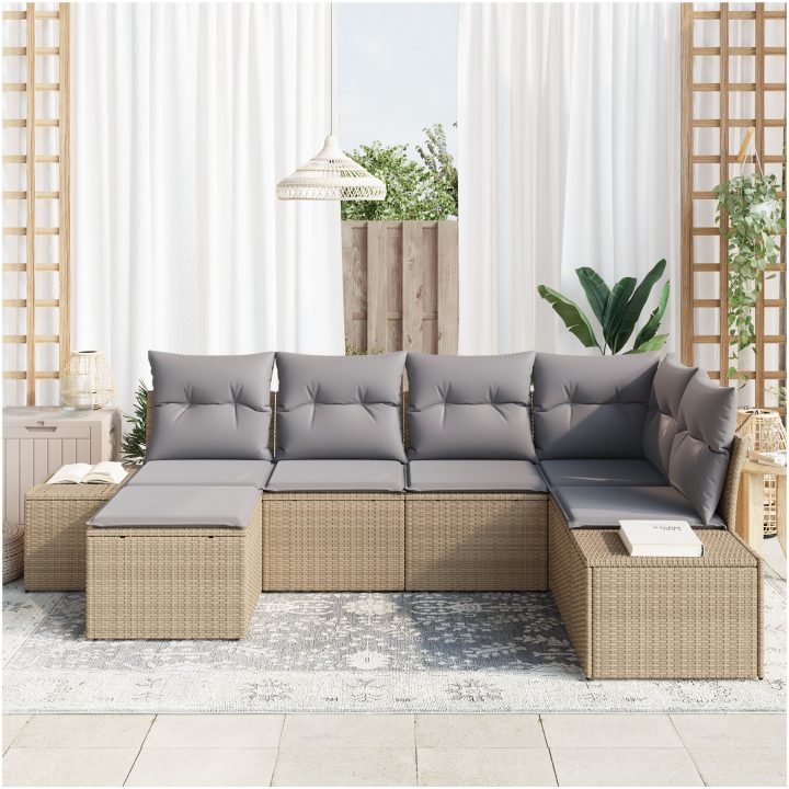 6-delad trädgårdsoff-set med kuddar beige poly rotting vidaXL 264 x 154 x 85 cm – bild 3