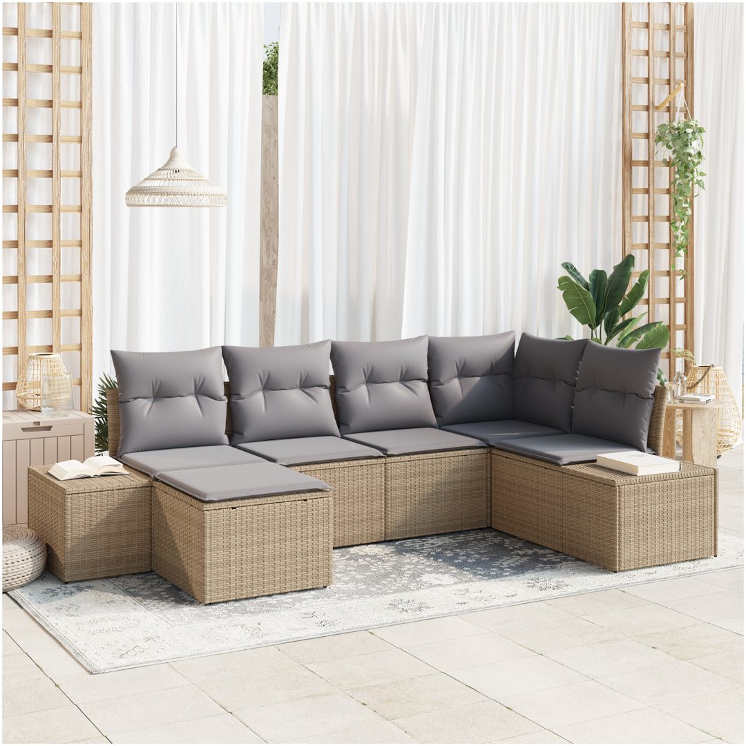 6-delad trädgårdsoff-set med kuddar beige poly rotting vidaXL 264 x 154 x 85 cm