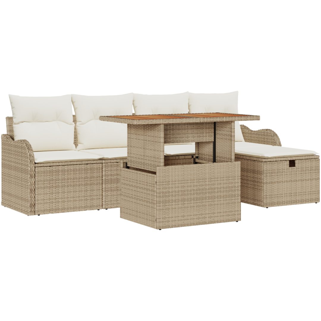 6-delad trädgårdsoff set med kuddar beige polyrotting vidaXL Stor – bild 2