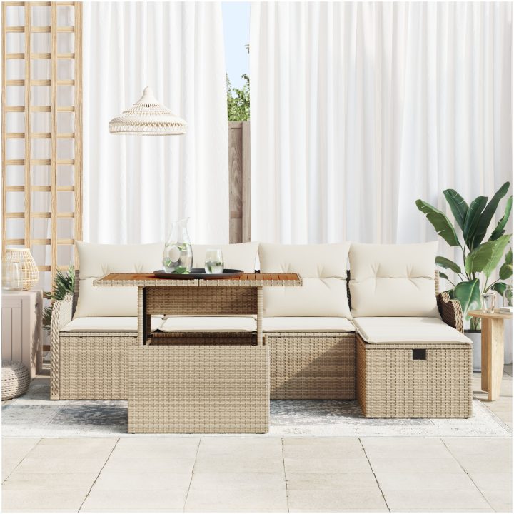 6-delad trädgårdsoff set med kuddar beige polyrotting vidaXL Stor – bild 3