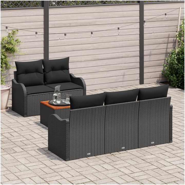 6-delad trädgårdsoff set med kuddar svart poly rattan akacia vidaXL Medel – bild 3