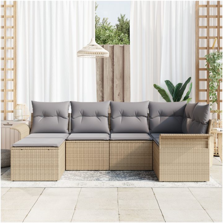 6-delad trädgårdsoffa med kuddar beige poly rattan vidaXL 242.5 x 132.5 x 85 cm – bild 3